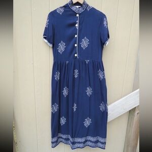 1930's Navy Blue Cotton Dress Size Small Button Up Mandarin Collar Pleated
